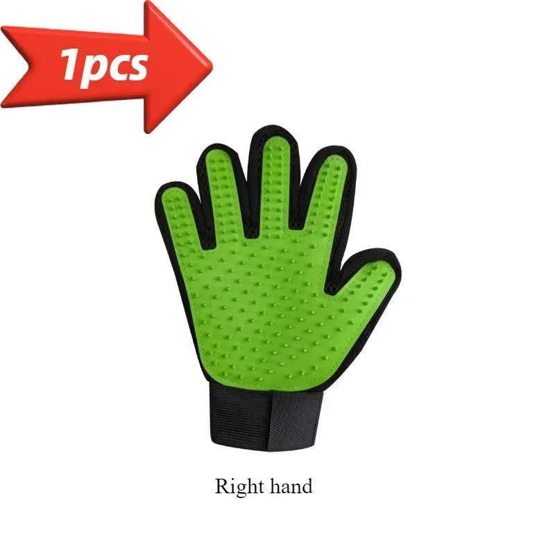A green pet grooming glove designed for gentle deshedding brush for dogs and cats, shown as a right hand.