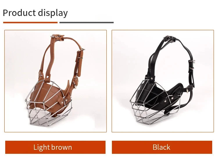 Display of an adjustable leather dog muzzle with a metal frame in light brown and black colors.