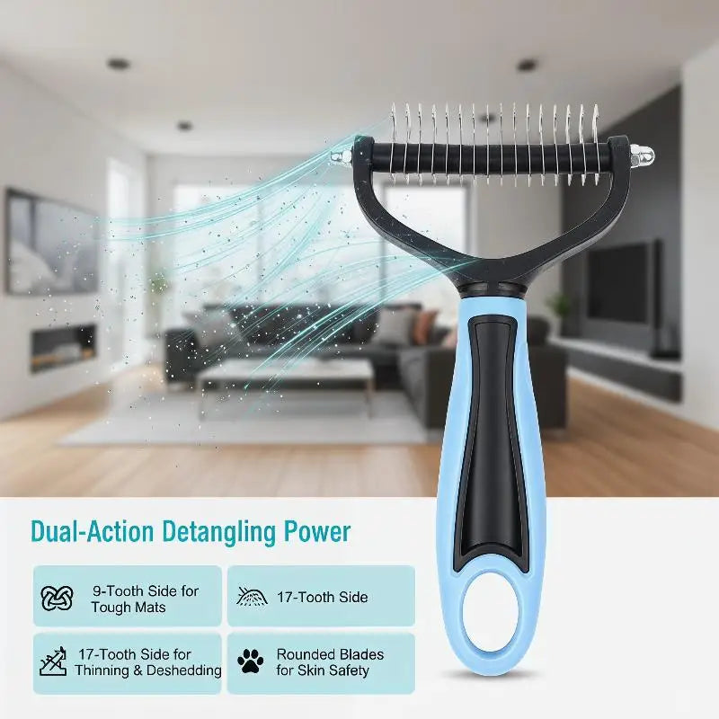 A light blue pet brush with dual-action detangling power showing bristles for mats and rounded blades for skin safety