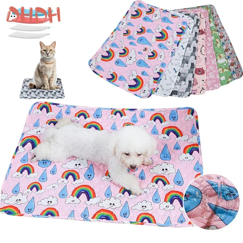 A colorful washable pet training mat featuring rainbows and clouds, with a small cat figurine nearby.