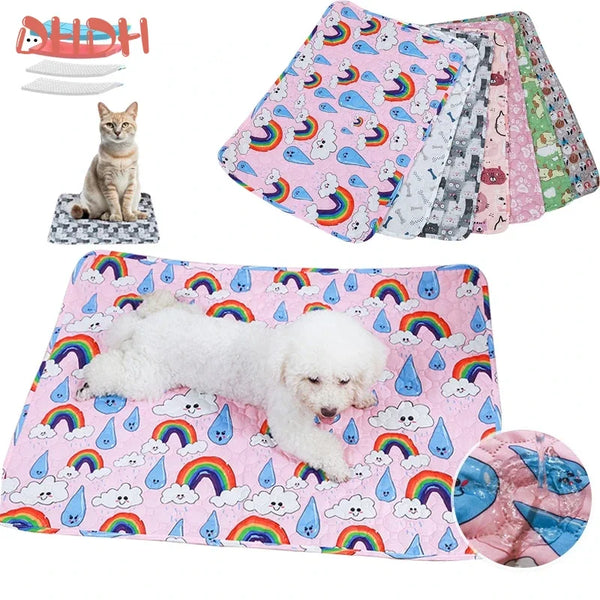 A colorful washable pet training mat featuring rainbows and clouds, with a small cat figurine nearby.