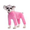 A pink thermal fleece dog jumpsuit with gray fur standing on a white background.