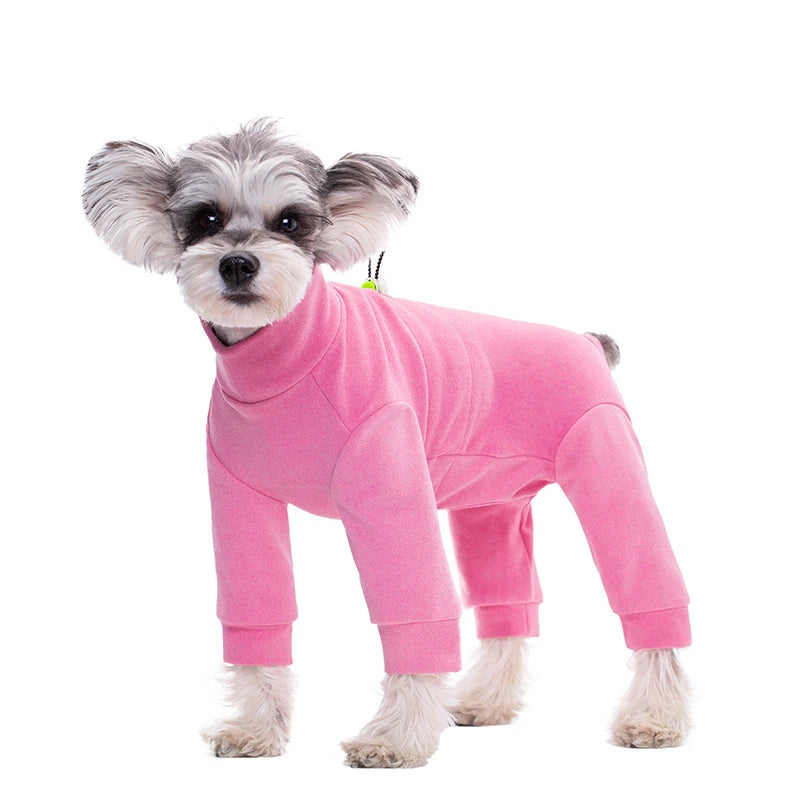 A pink thermal fleece dog jumpsuit with gray fur standing on a white background.
