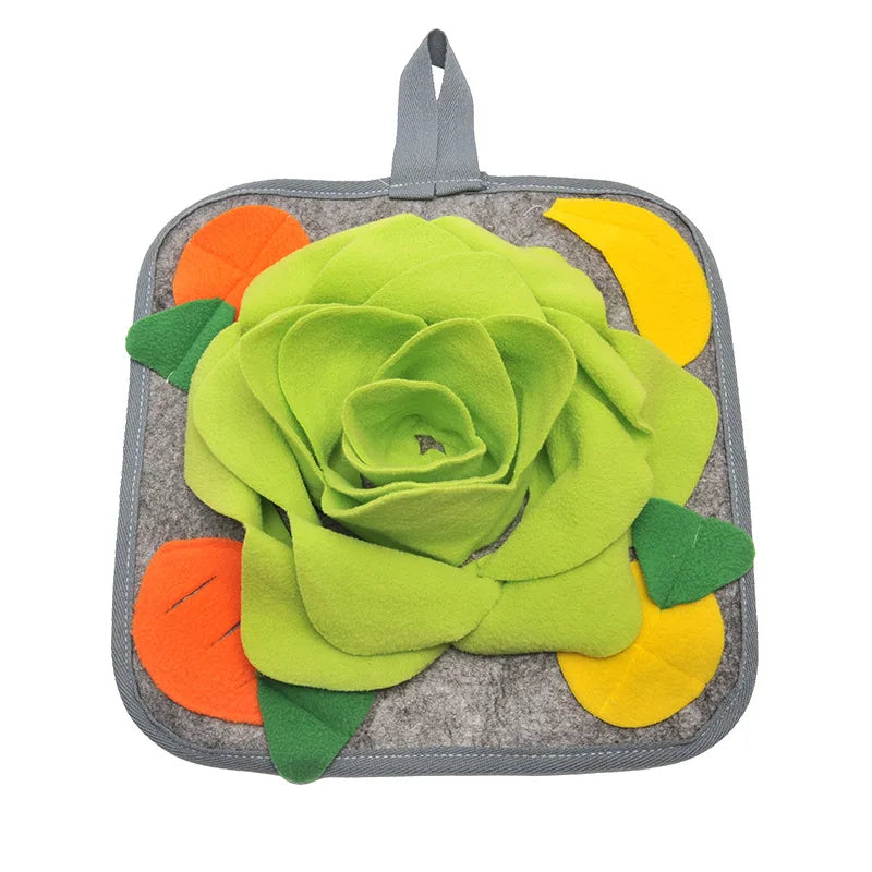 Grüner Stoffblumenmatten mit orange-gelben Blättern für Hunde und Kaninchen.