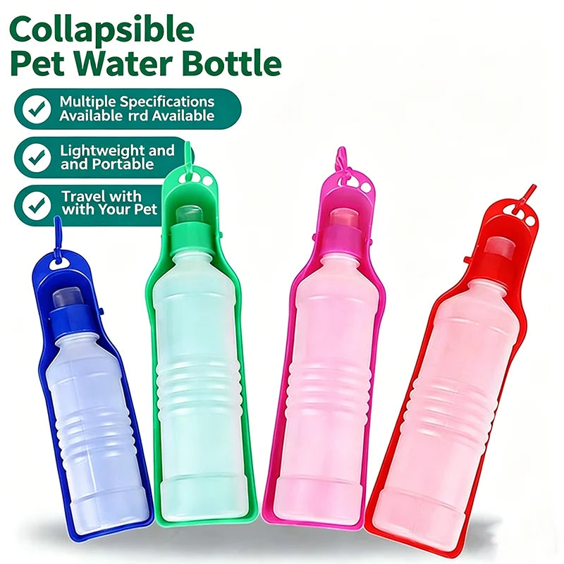 Ein Set faltbarer Haustier-Wasserflaschen in Blau, Grün, Pink und Rot.