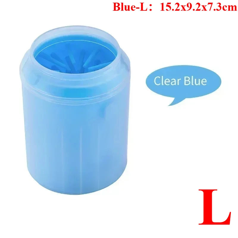 A clear blue portable paw washer cup with soft silicone bristles.