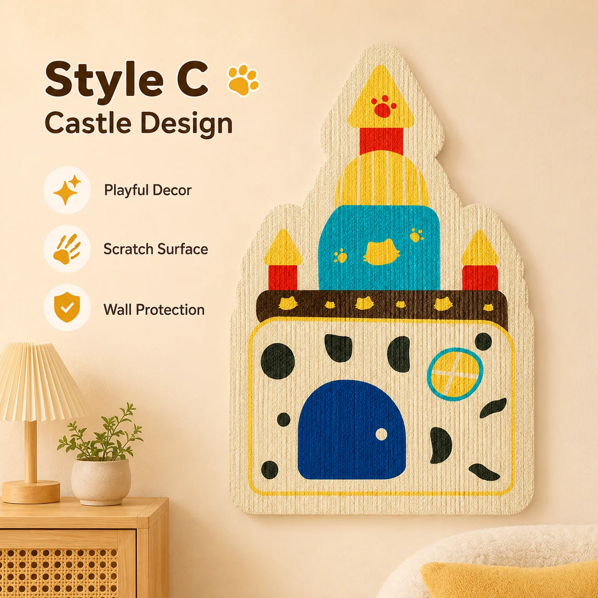 A wall-mounted felt cat castle design scratch board featuring colorful cats and houses for pet scratching.