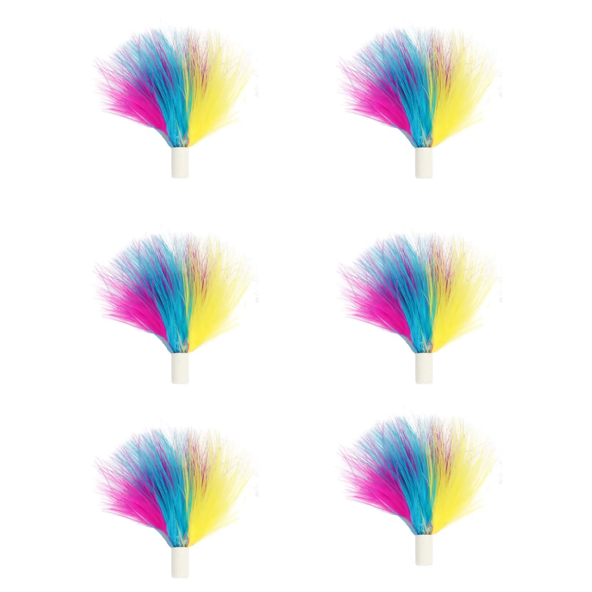 Four variations of a colorful, fluffy cat toy with blue, pink, and yellow feathers on white sticks.