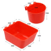 A red plastic bird feeder and water bowl with various dimensions shown.