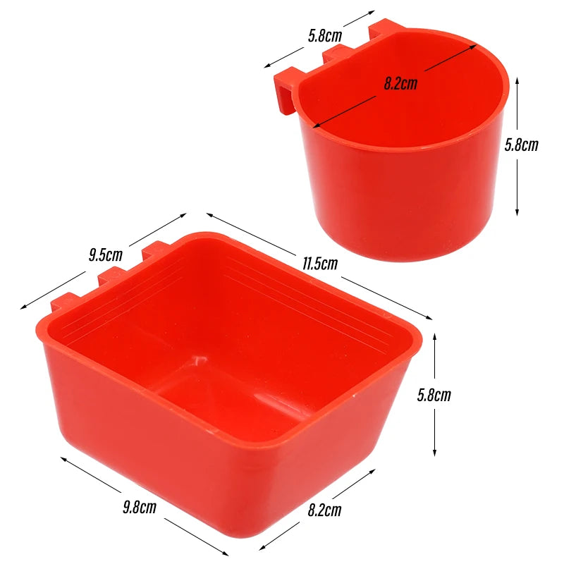A red plastic bird feeder and water bowl with various dimensions shown.