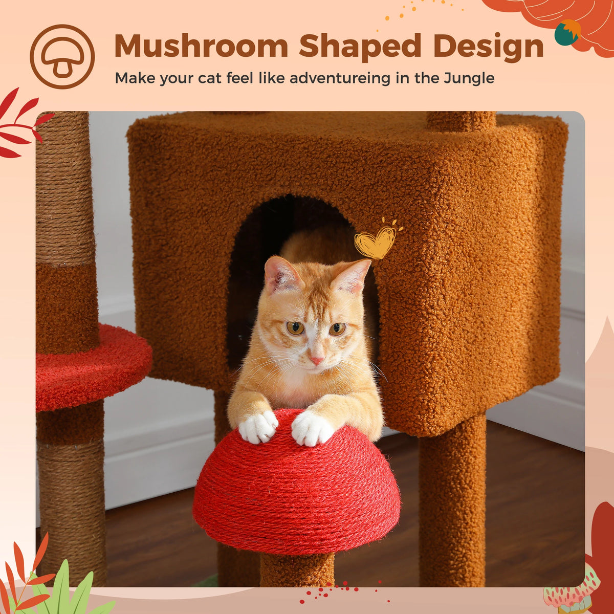 A cat is playing inside a brown mushroom-shaped cat tree with an orange hammock and scratching post.