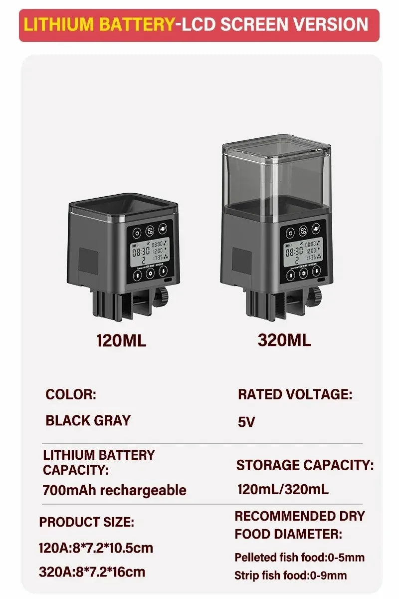 Black gray lithium battery LCD screen version of an automatic fish feeder with 120ML and 320ML storage capacity