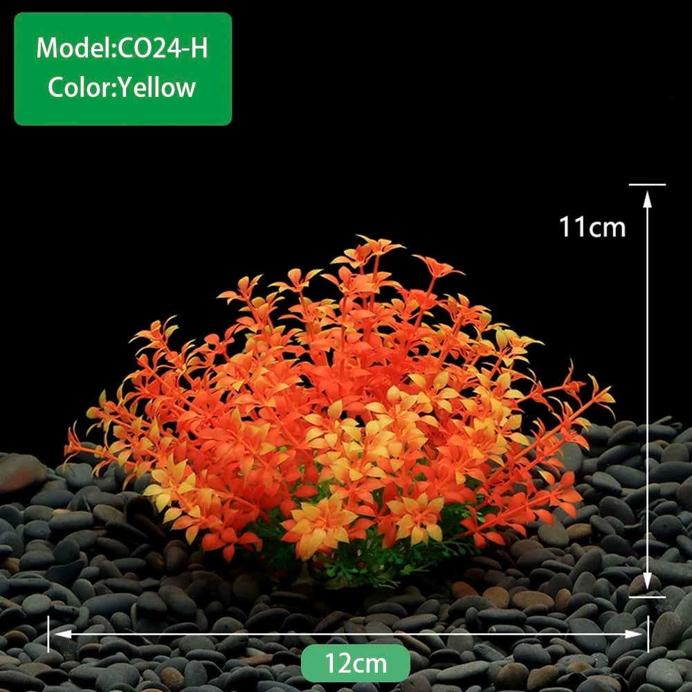 Un amas dense de plantes aquatiques artificielles orange et jaune pour décorer un aquarium.