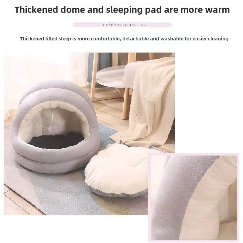 A light gray plush cat nest bed with a hood and a separate sleeping pad shown on a wooden floor.