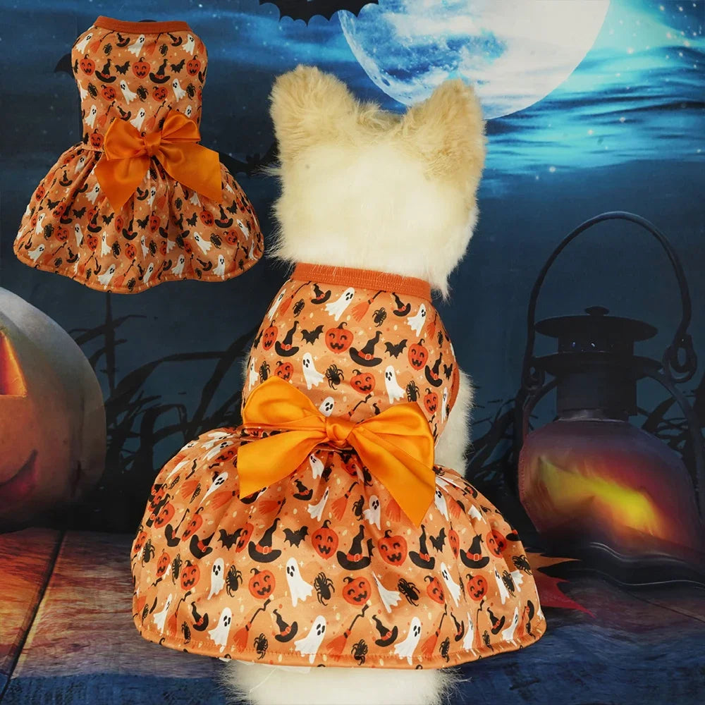 Halloween Dog Dress with Pumpkin & Bat Print
