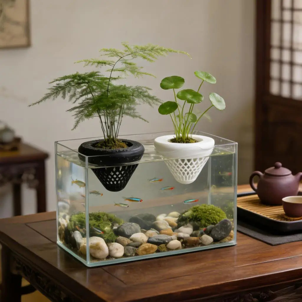 A glass aquarium featuring a bonsai plant and aquatic plants, displayed on a wooden table.