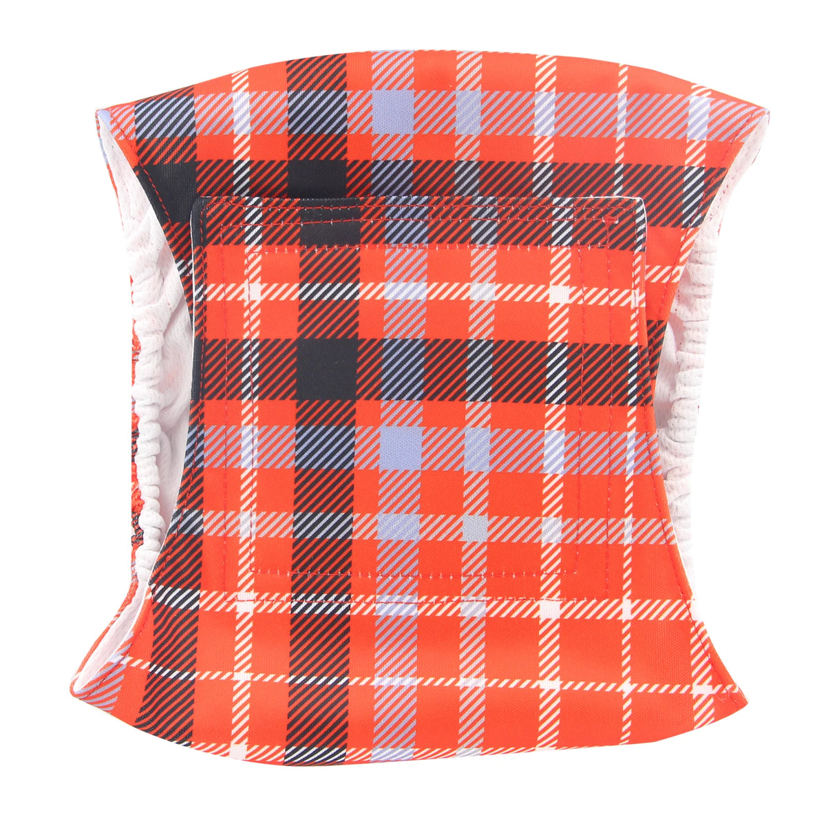 A stack of orange and blue plaid washable dog diaper wraps for male dogs.