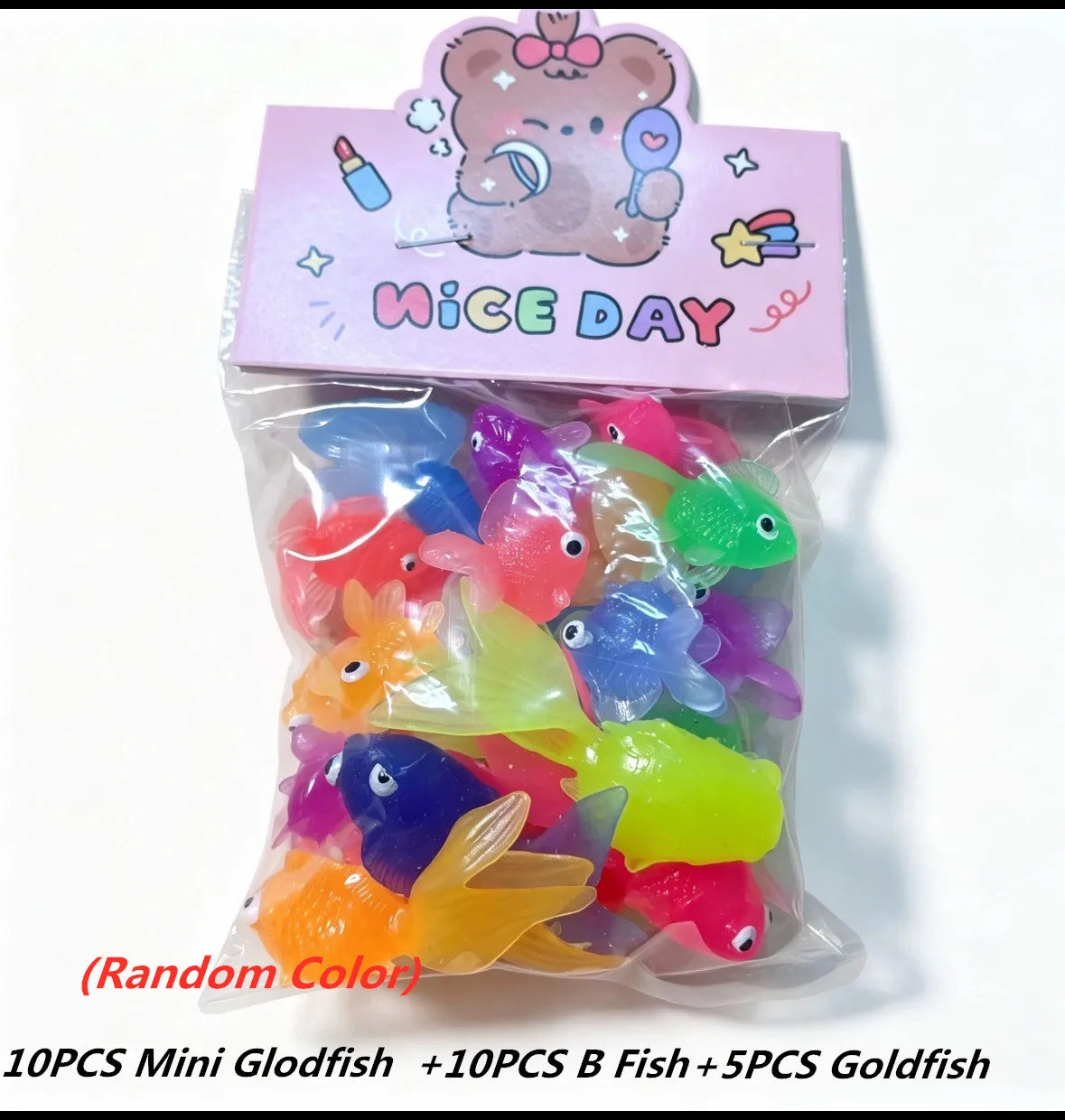 A clear plastic bag contains a set of 10 mini goldfish bath toys including goldfish, B fish, and goldfish.