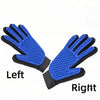 A pair of blue silicone pet grooming gloves, labeled Left and Right, showing the palm and fingers.