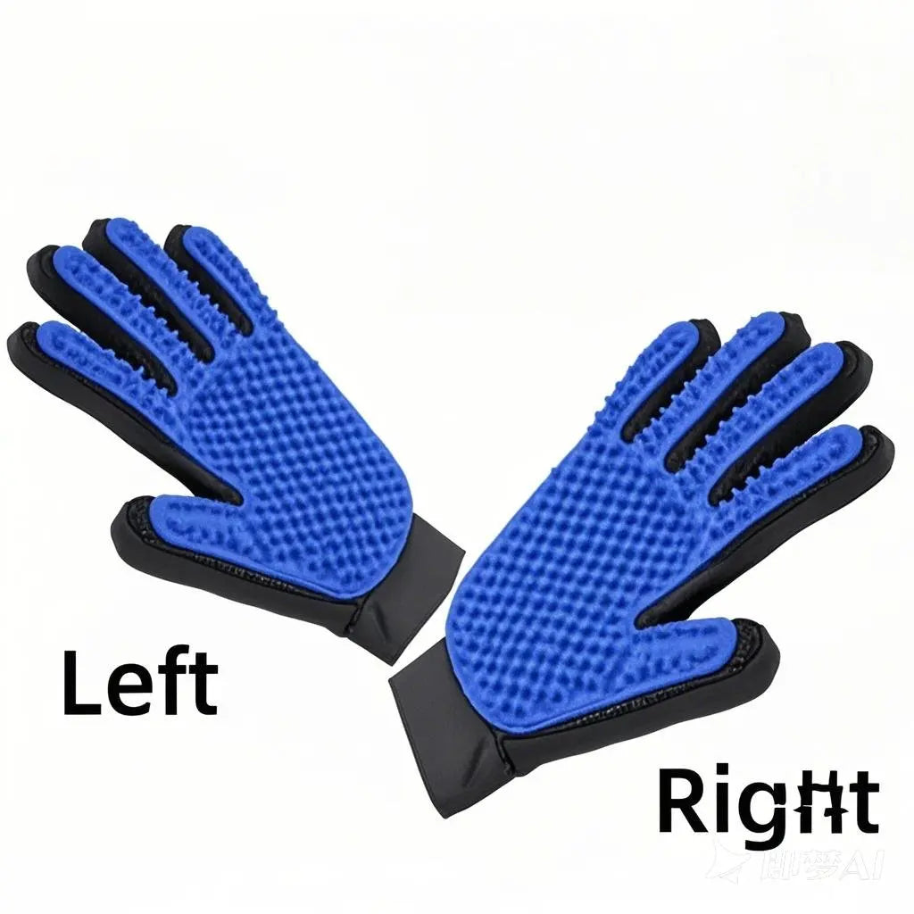 A pair of blue silicone pet grooming gloves, labeled Left and Right, showing the palm and fingers.