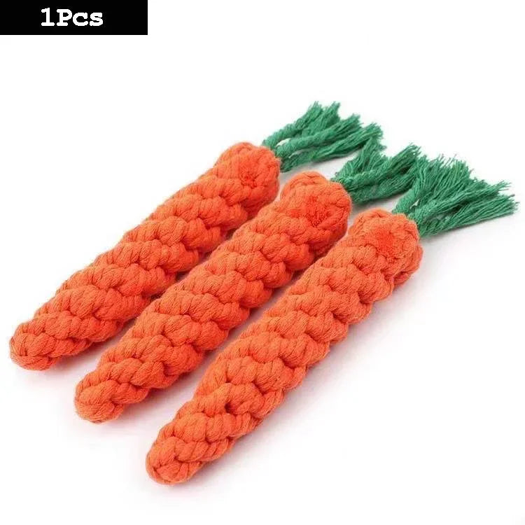A set of interactive cotton rope dog toys shaped like carrots and dumbbells in orange and green.