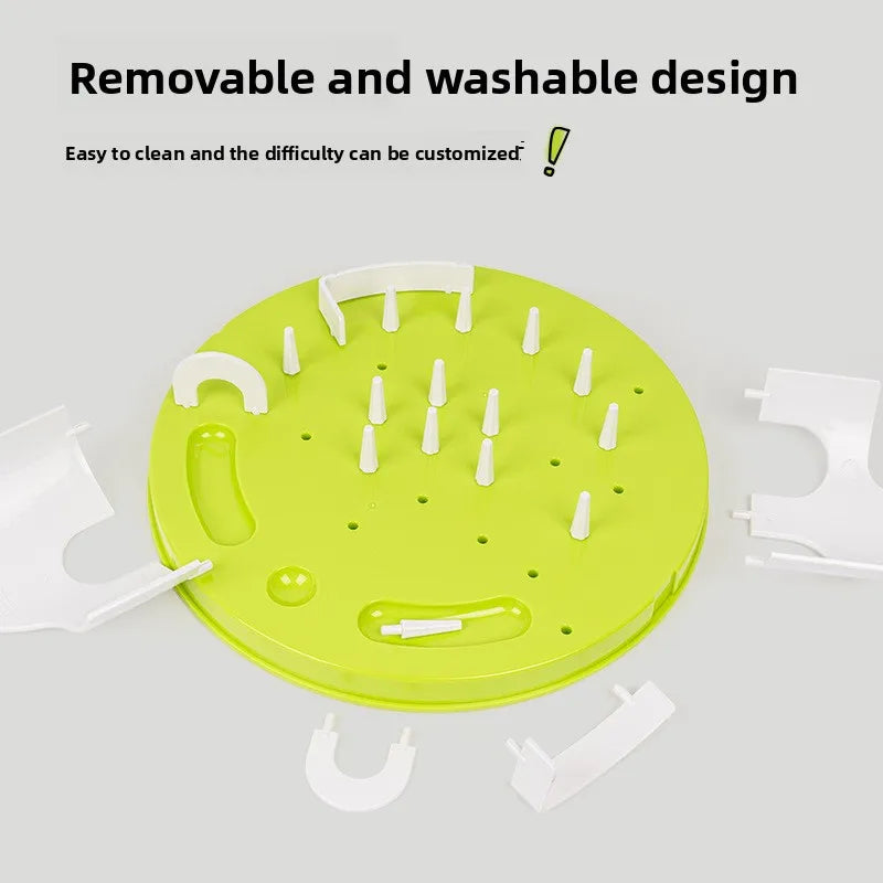 A bright lime green puzzle feeder bowl for pets with removable and washable components.