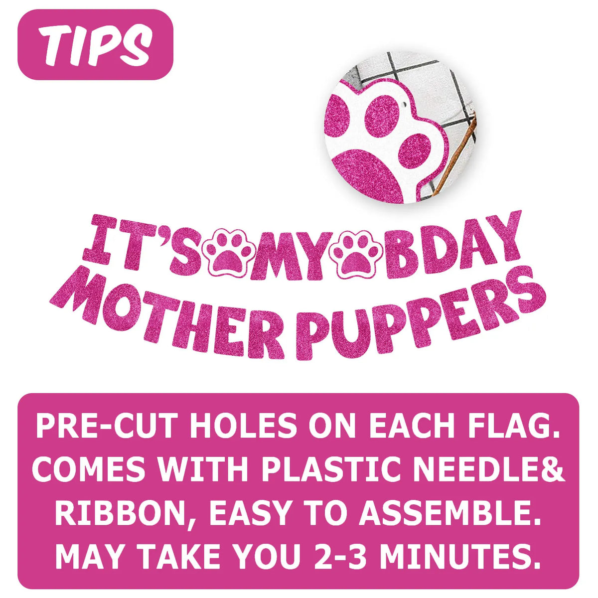 Pink felt flag decorations for a mother puppers birthday party with pre-cut holes and assembly instructions