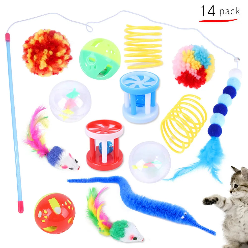 A variety pack of cat toys including a feather wand, sisal mice, and colorful bell balls.