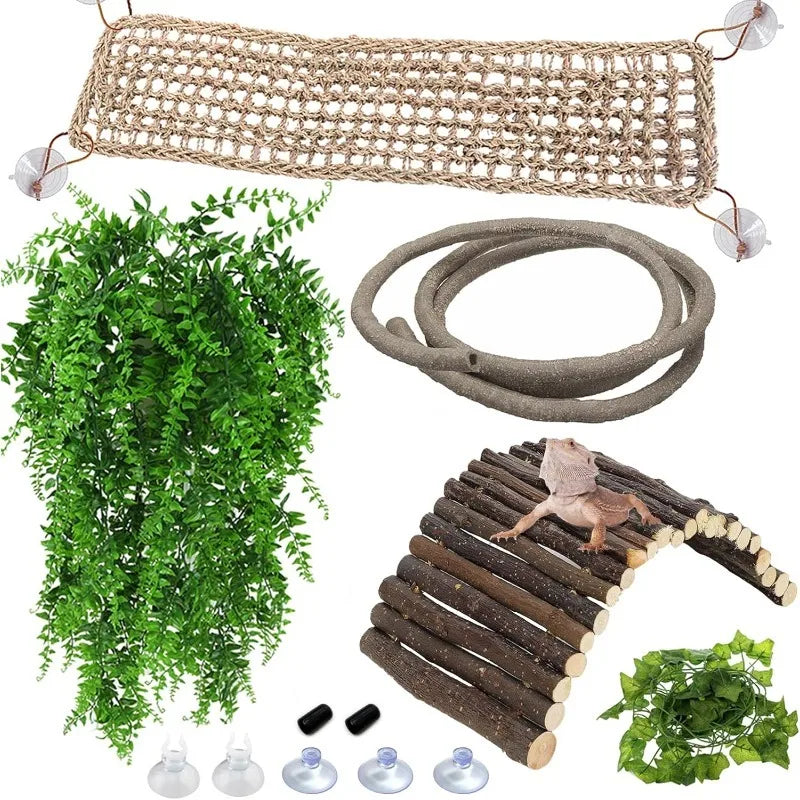 A set of reptile hammock and climbing bridge with suction cups, including a green plant and several wooden sticks.