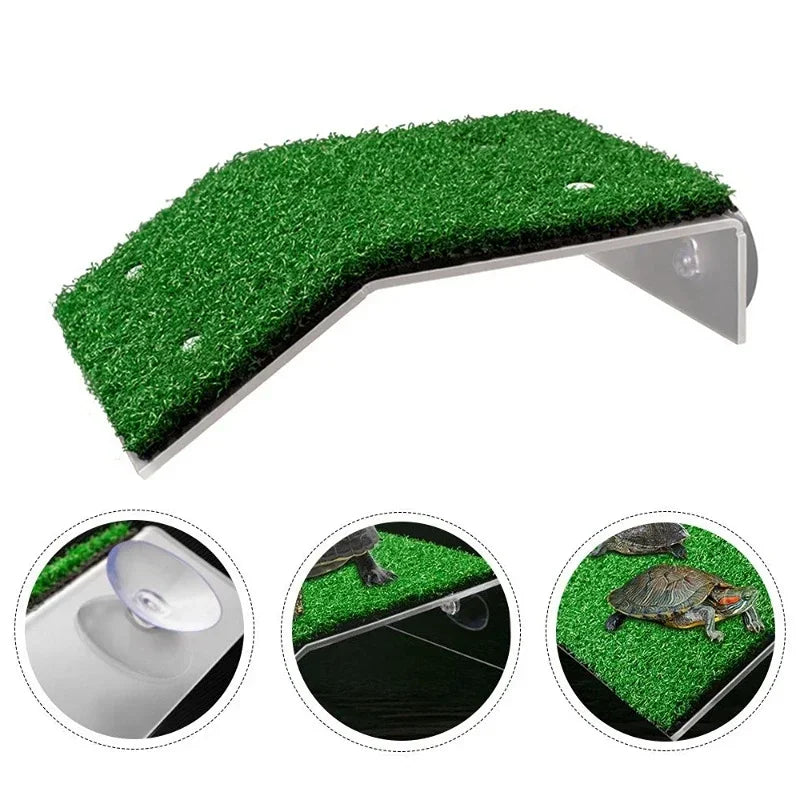 Green artificial turf basking platform for aquatic turtles with suction cups