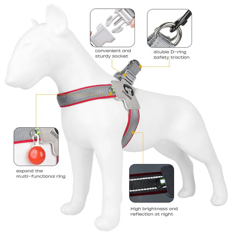 A white dog model wearing a gray reflective mesh harness for walking, showing features like safety traction and night visibil