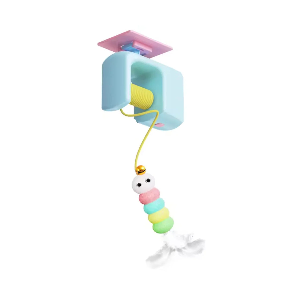 A light blue automatic electric hanging cat toy with a yellow cord and a dangling plush toy.