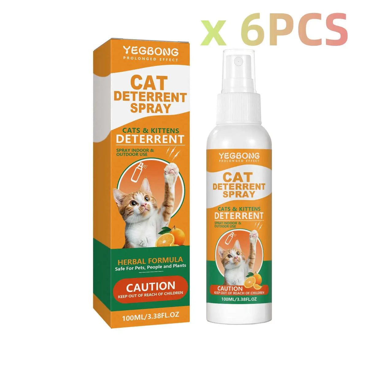 Six bottles of Yegbong Cat Deterrent Spray, a clear liquid in a white bottle, for pets and plants.