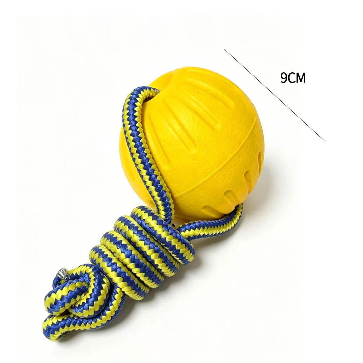 A bright yellow rubber fetch ball for dogs with a blue and yellow braided rope, shown against a white background.