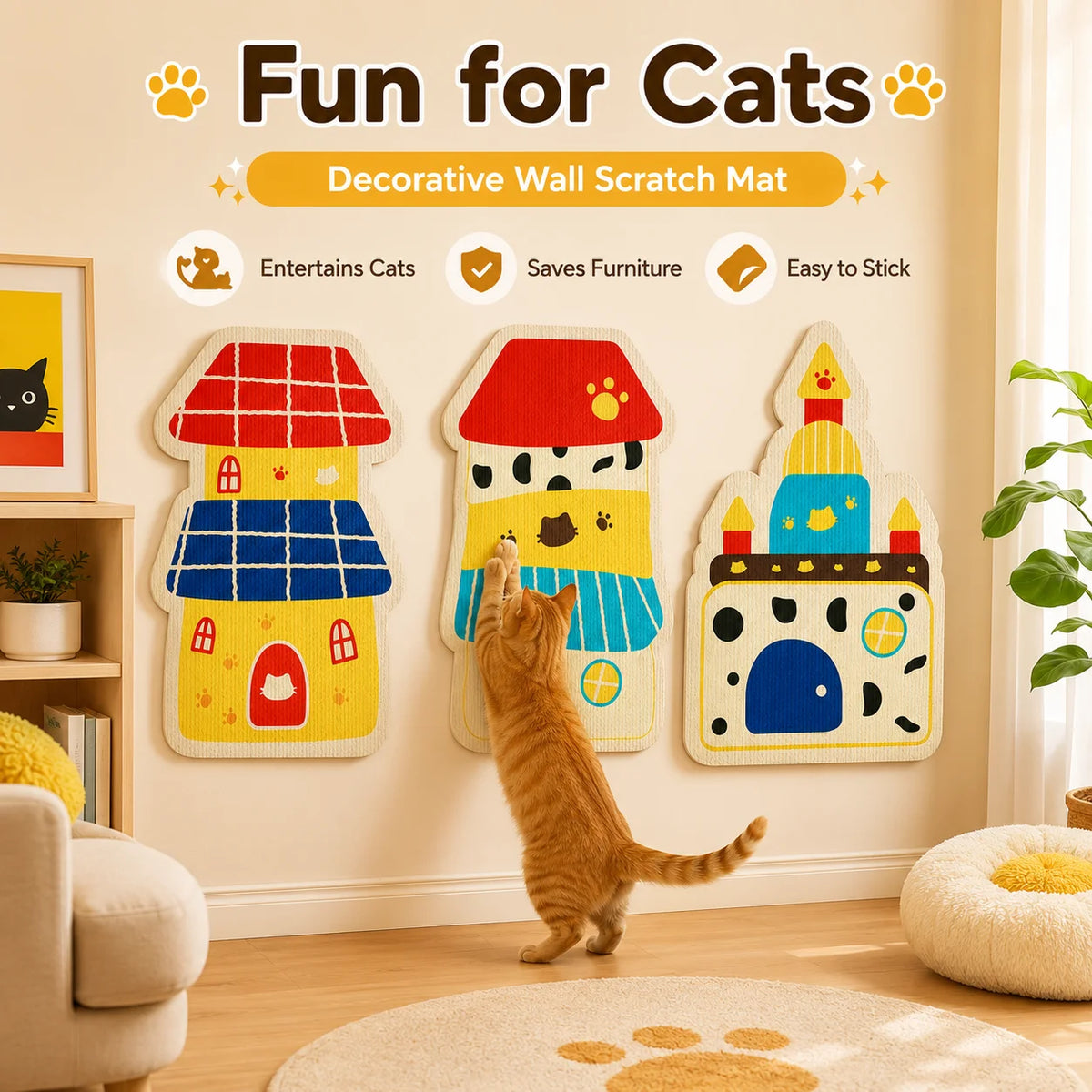 Decorative wall scratch mat featuring colorful felt cat designs for entertaining cats and protecting furniture