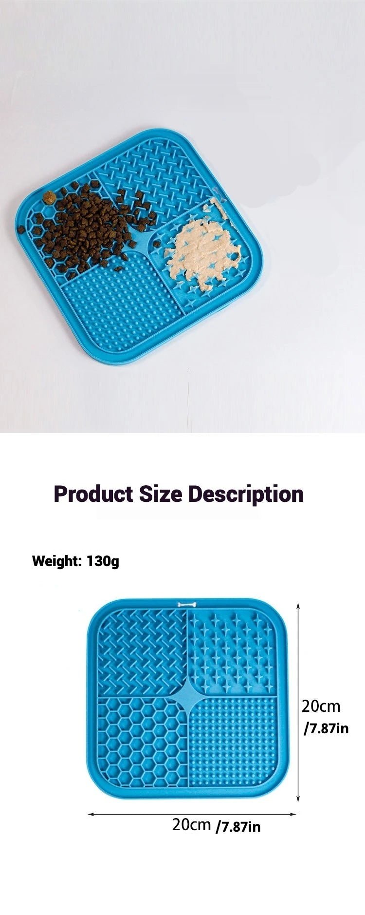 Blue silicone pet licking mat with suction cups divided into sections for slow feeding
