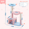 A pink decorative cat tree with sisal scratching posts and a soft blue base.