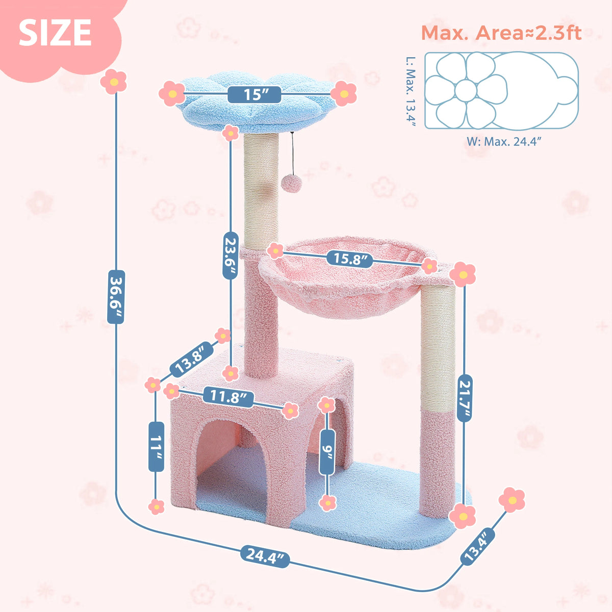 A pink decorative cat tree with sisal scratching posts and a soft blue base.