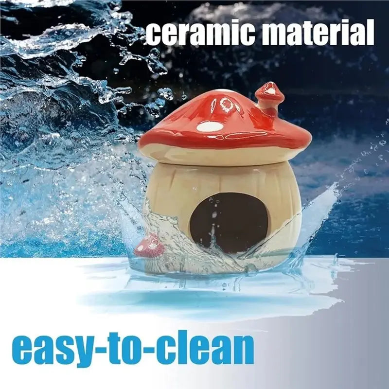 Mushroom Ceramic Hamster Hideout with Food Bowl and Water Bottle Stand