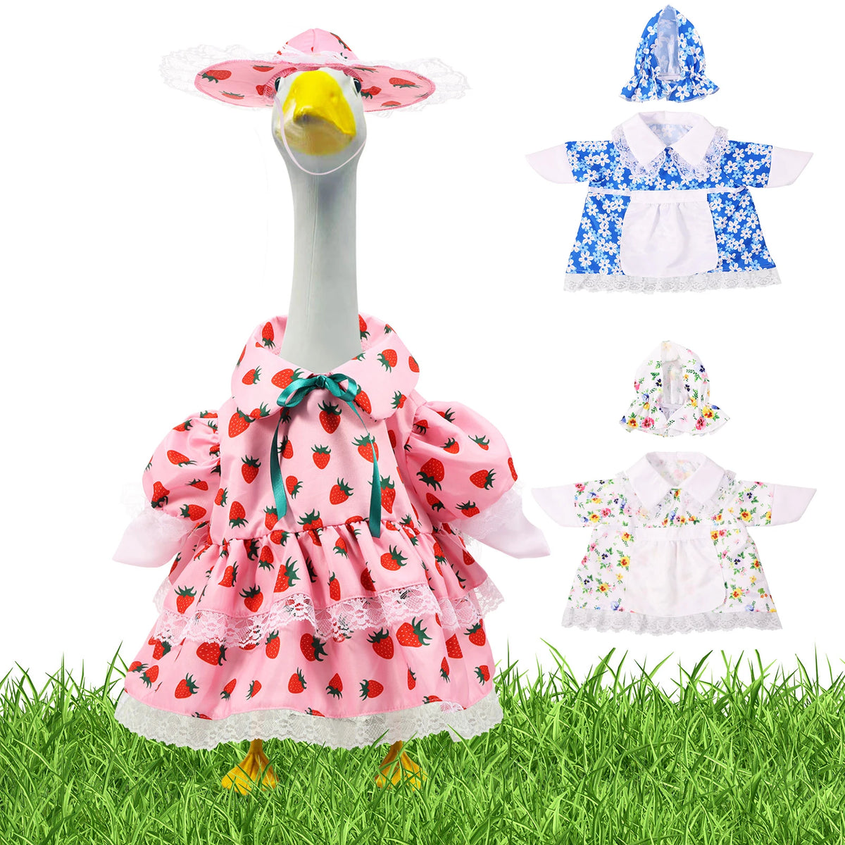A pink strawberry-themed outfit for a porch goose lawn decoration, shown with separate pieces.