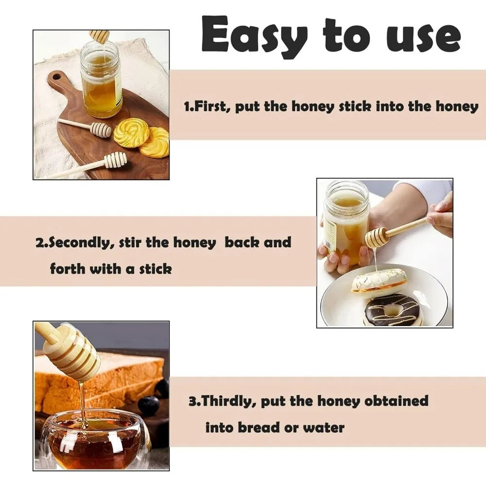 Instructions for using a wooden honey dipper to extract honey and apply it to food.
