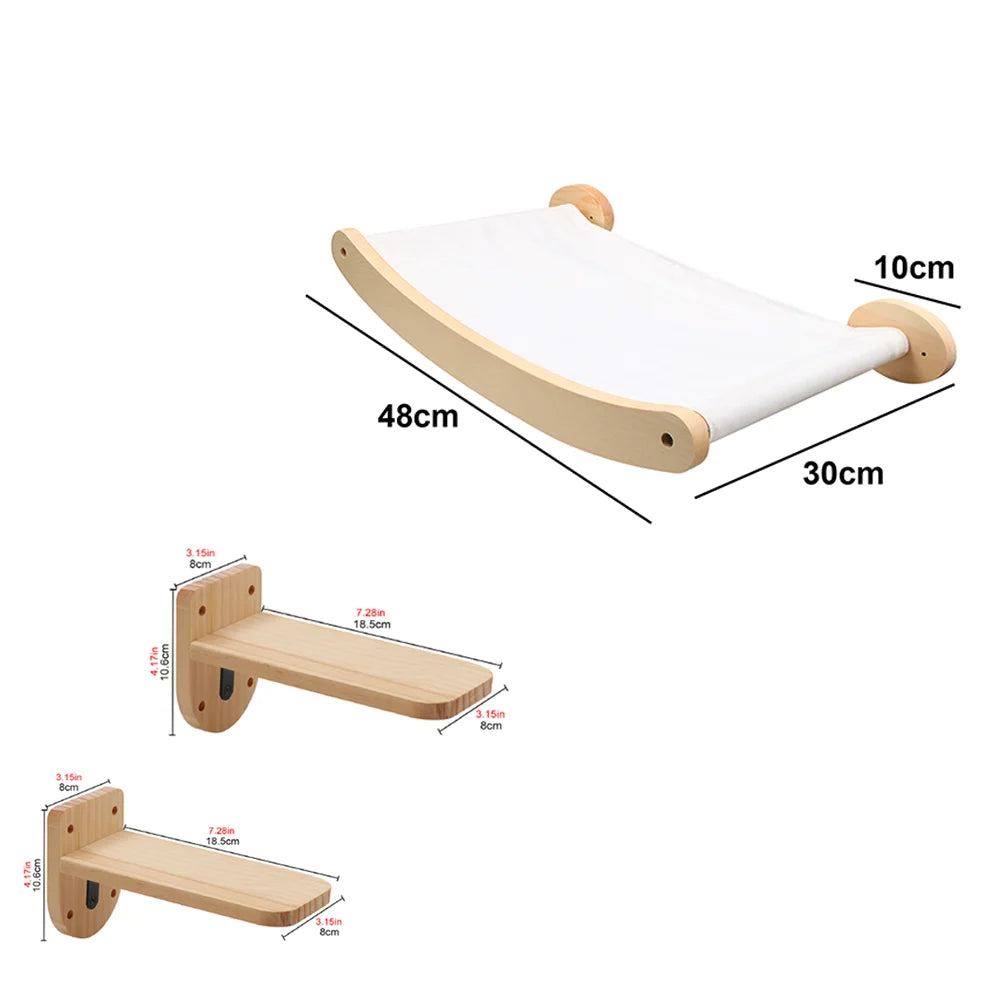 A wall-mounted cat climbing rope with wooden pedals shown in various dimensions.