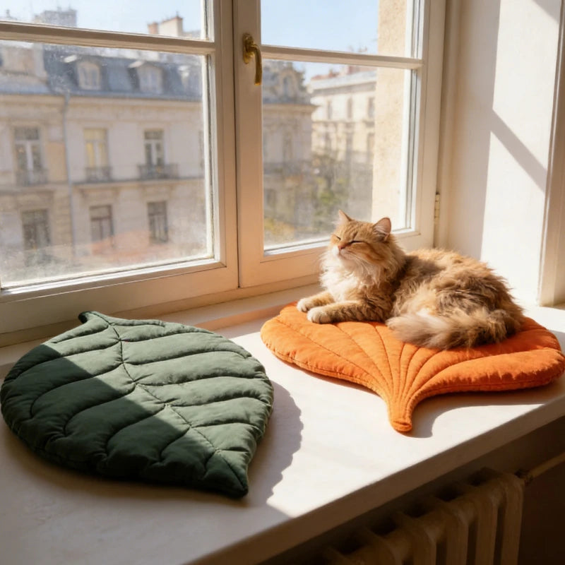 A fluffy tabby cat is relaxing on an orange pet cushion next to a green quilted cushion by a window.