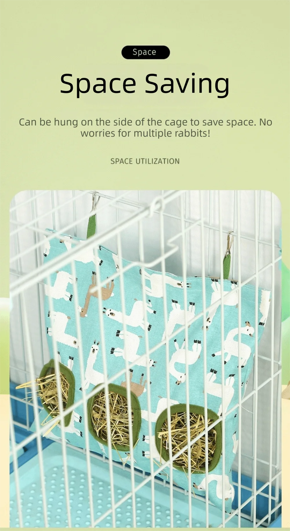 A light blue fabric bag with a white pattern is hung inside a wire cage, used as a space-saving hay feeder for rabbits.