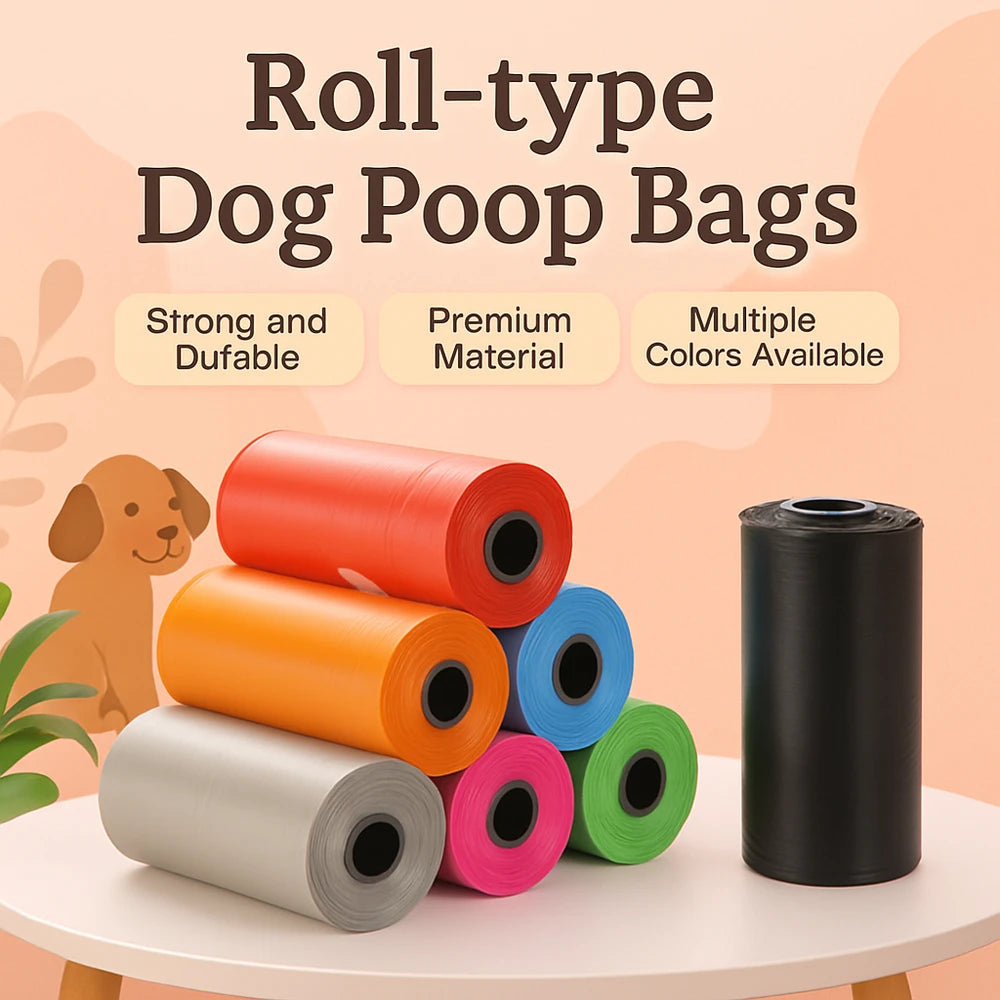 A collection of roll-type dog poop bags in various colors and sizes displayed on a white table.
