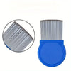 A blue comb set with stainless steel fine-tooth tines shown next to a magnified view of the comb's structure.