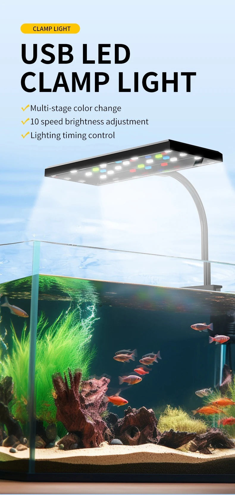 USB LED clamp light illuminating a vibrant underwater aquarium setup with fish and plants