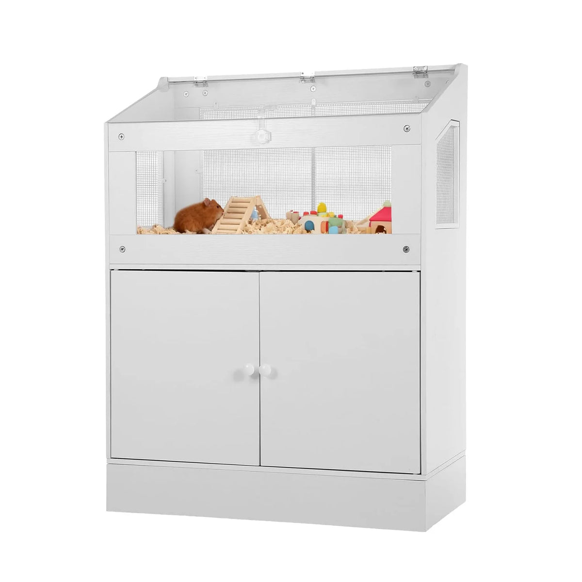 Weiβer Acryl-Haustiergehege mit klarem Gehäuse und Unterschrank darunter.