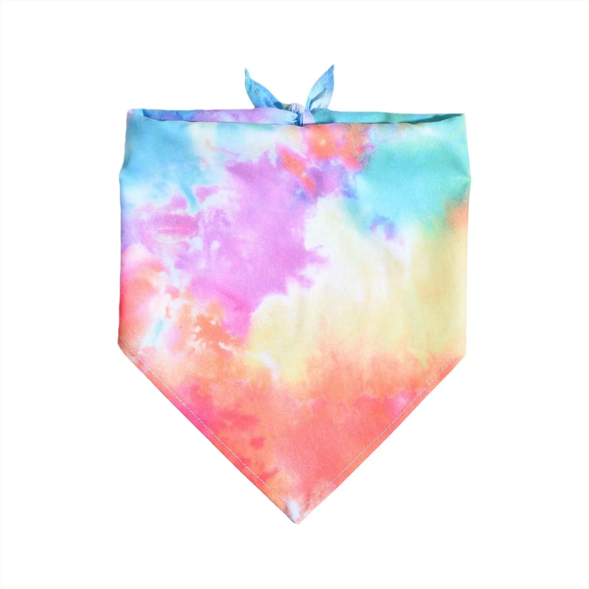 A square fabric bandana featuring a watercolor blend of pink, purple, and blue hues tied at the top.