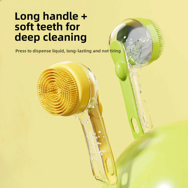 A yellow silicone pet grooming brush with a long handle and soft teeth for deep cleaning.
